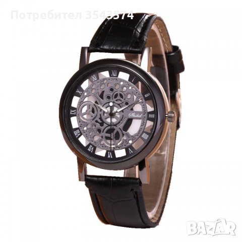 Изискан прозрачен мъжки ръчен часовник с кварцов механизъм и кожена каишка, снимка 3 - Мъжки - 39285205