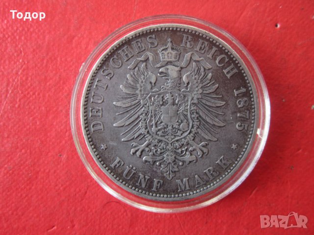 Талер 5 марки 1875 Германия сребърна монета , снимка 4 - Нумизматика и бонистика - 35018720