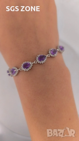 сребърна гривна с естествен аметист, снимка 6 - Гривни - 52696445