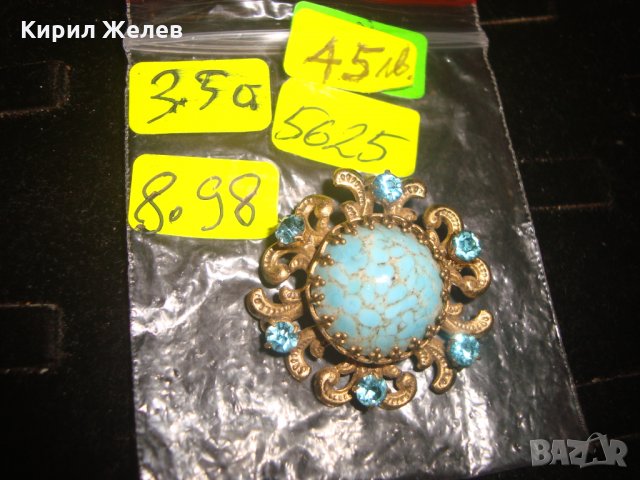 СТАРИННА АРТ ДЕКО ПОЗЛАТЕНА БРОНЗОВА БРОШКА с ЕСТЕСТВЕН ТЮРКОАЗ и САПФИР-КРИСТАЛ КАМЪНИ 