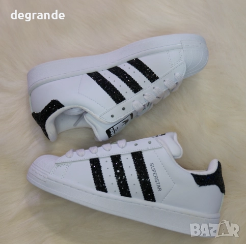 Adidas Superstar Бели с Бляскави Черни Ленти, снимка 2 - Маратонки - 51646295