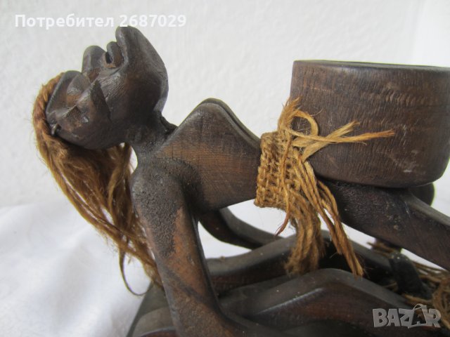 негри 25 см дълга композиция от дърво с дървен съд, жена керамика моливник, пепелник, снимка 7 - Статуетки - 37587922