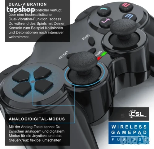 НОВ Джойстик за PlayStation, CSL контролер, безжичен PS2 геймпад, 2,4 GHz адаптер с двойна вибрация, снимка 5 - Аксесоари - 50552542