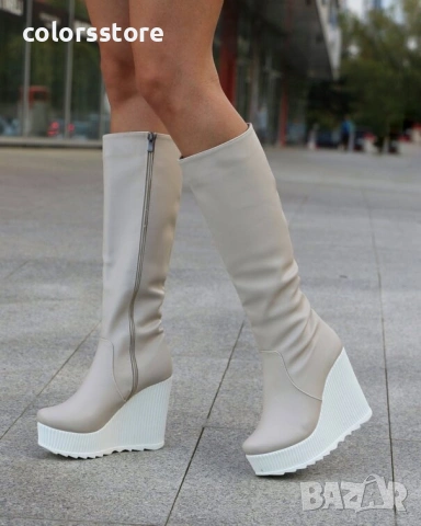 Ботуши на платформа - бежова кожа с бяло ходило - BNP200 