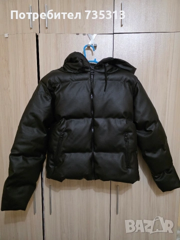 Ново дамско зимно кожено яке с качулка