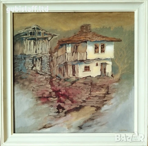 Картина, пейзаж, стари къщи, худ. Васил Бенчев (1945-2014)