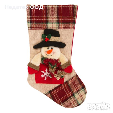 Коледен чорап, Снежко с черна шапка,червено каре 40см