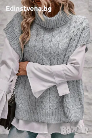 Дамски пуловер в сиво с къс ръкав и поло яка, снимка 4 - Блузи с дълъг ръкав и пуловери - 48577322