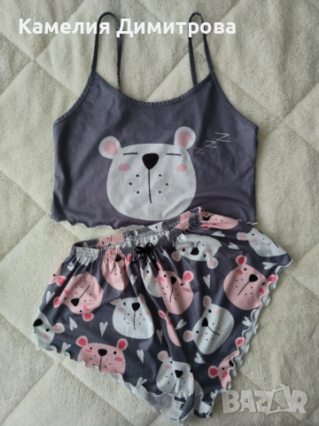 Дамски комплект за вкъщи – сив топ с мече + къси гащички