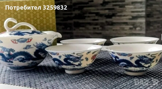 Китайски порцеланов чаен комплект с дракони - чайник и 4 чаши, снимка 4 - Антикварни и старинни предмети - 53589973