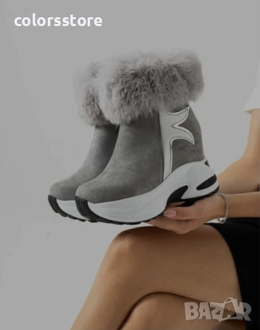 Боти на платформа - сив велур с пух - BH2025 