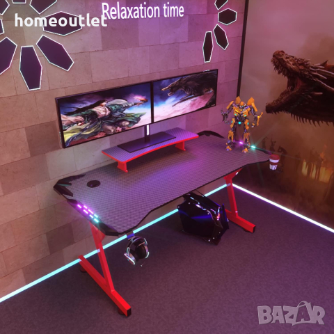 Геймърско бюро LED, HLONONE HLGD-RDYSTA, 120 x 60 x 74 cm, Черно-Червено, снимка 2 - Бюра - 44879856
