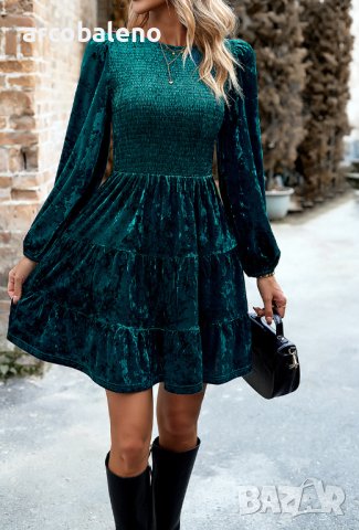 Дамска елегантна кадифена рокля с кръгло деколте, 2цвята - 024, снимка 4 - Рокли - 43491167