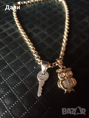 Нова златна гривна с висулки ключ и бухалче, снимка 1 - Гривни - 35137260