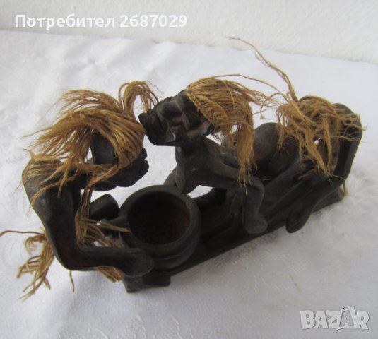  23 см дълга композиция от дърво с дървен съд, негри, негър, снимка 8 - Статуетки - 37587914