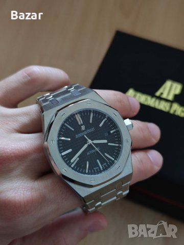 Нов Мъжки Часовник AP Audemars Piguet Сребрист с Черно Лице Механичен Автоматичен Самонавиващ, снимка 8 - Луксозни - 40840179