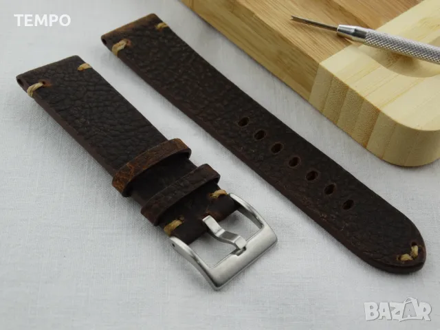 КОЖЕНА КАИШКА КАФЯВА- 22мм + ПОДАРЪК, снимка 2 - Каишки за часовници - 48211326