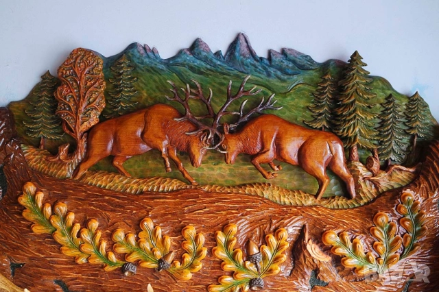 Дърворезба, пано с благородни елени, уникат , снимка 3 - Пана - 39456807