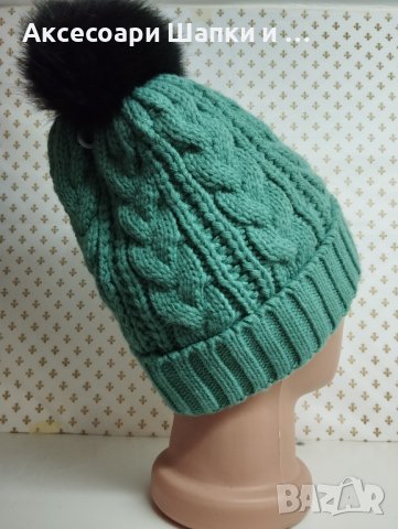 Дамска плетена шапка с естествен косъм лукс- мпш39, снимка 2 - Шапки - 43302159