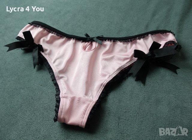 М розови сатенирани изрязани бикини/бразилиани с черни жартиери, снимка 8 - Бельо - 40501245