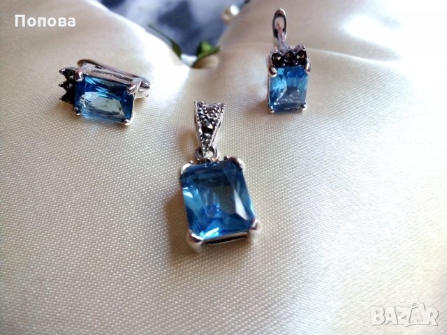 Сребърен комплект  с топази и марказити/обеци и медальон/