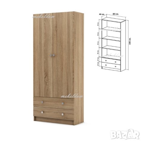 Гардероб двукрилен с 3 рафта и 2 чекмеджета(код-4626), снимка 2 - Гардероби - 40779228