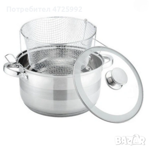 Тенджера с кошница за пържене и стъклен капак Cheffinger Ø24 см – инокс, 6,5 л, за всички котлони, снимка 2 - Съдове за готвене - 53322311