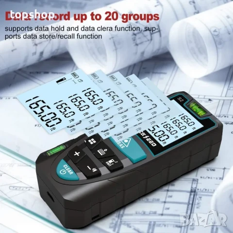 НОВА Лазерна рулетка RockSeed 50M с 2 нивелира, LCD дисплей, изчисляване на разстояние/площ/обем, снимка 7 - Гедорета - 50542393