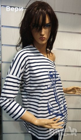 Нова дамска моряшка блуза с паднало рамо, трансферен печат Котва, снимка 17 - Блузи с дълъг ръкав и пуловери - 28375572