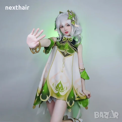Аниме косплей бяла перука Nahida Genshin Impact с подвижна опашка и плитка, снимка 3 - Аксесоари за коса - 50332024