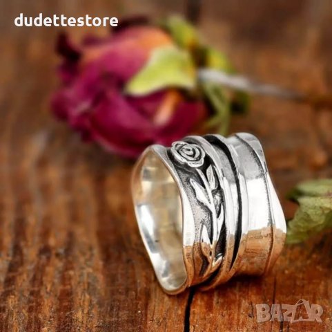 Голям сребърен пръстен с роза, снимка 2 - Пръстени - 37867846