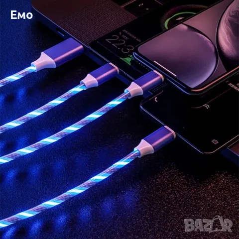 Универсален светещ троен кабел с накрайници за iPhone, TYPE C и microUSB. , снимка 7 - Друга електроника - 48179838