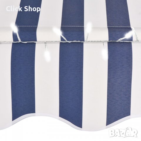 Ръчно прибиращ се сенник с LED, 200 см, синьо и бяло, снимка 5 - Градински мебели, декорация  - 38055465
