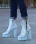 Боти на ток - сребриста лъскава кожа с бяло ходило - BT13, снимка 2