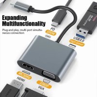 USB-C hub към VGA, HDMI 4K, PD, USB 3.0 за лаптоп, смартфон и таблет, снимка 2 - Кабели и адаптери - 43977139