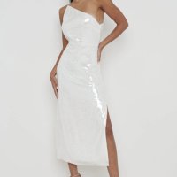 Pretty Lavish дълга рокля с пайети, сребрист/бяла, едно рамо, р-р S, снимка 6 - Рокли - 43857189