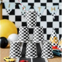 черно бели квадрати Рали шах мат 6 бр картонени чаши парти рожден ден, снимка 3 - Чаши - 26692972