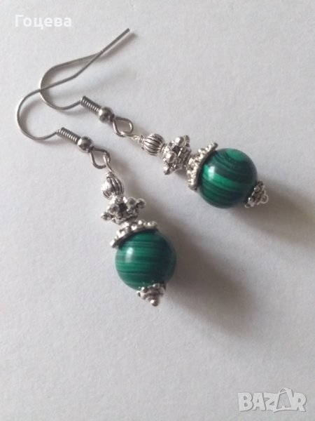 Красиви обици с камъни Малахит и орнаменти в цвят Сребро , снимка 1