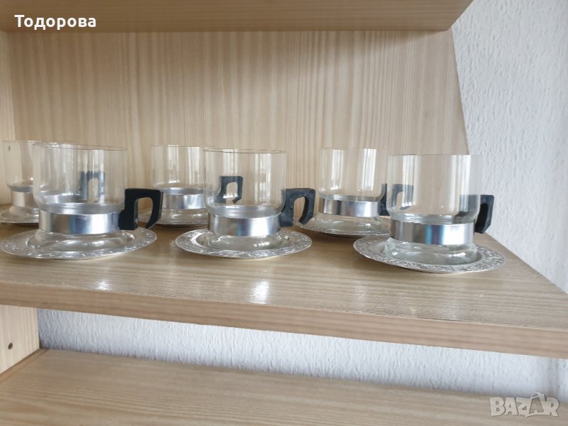 Ретро чаши за чай от йенско стъкло с метални подложки, снимка 1