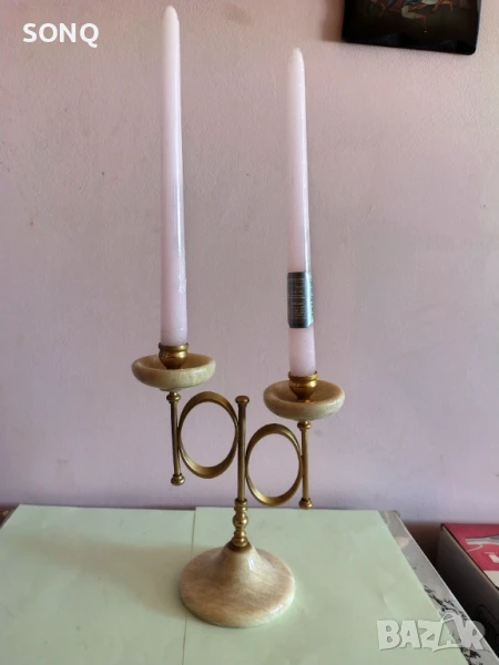 Страхотен Свещник Оникс И Позлата, снимка 1