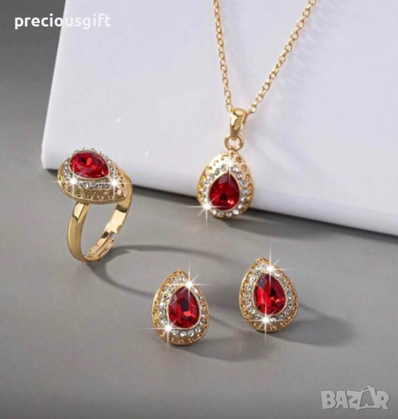 Комплект бижута от 3 части - колие, пръстен и обеци, снимка 1