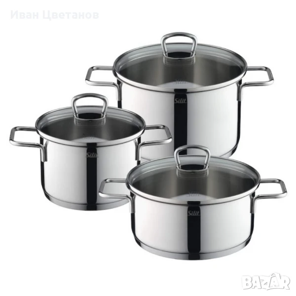 Комплект 3 тенджери Silit Alicante, Стъклени капаци, Сребърен, снимка 1