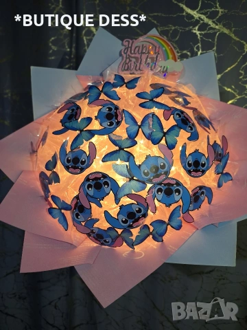 Ръчно изработен светещ букет "Стич", снимка 3 - Подаръци за рожден ден - 53090993