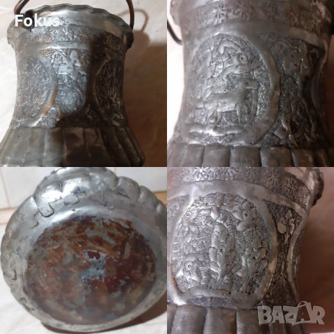 Стар османски меден съд бакър канче чеканено и гравирано, снимка 7 - Антикварни и старинни предмети - 39491405
