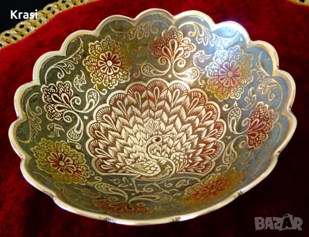 Бронзова купичка за ядки Паун,клетъчен емайл, снимка 2 - Антикварни и старинни предмети - 38459890