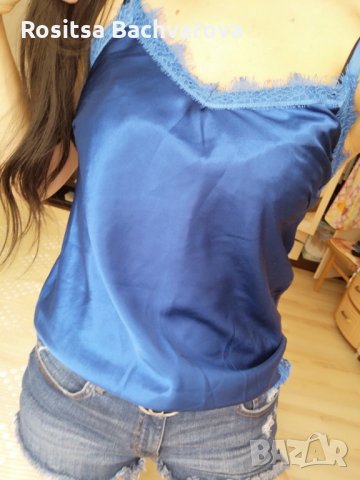 Син сатенен топ, S размер, снимка 8 - Корсети, бюстиета, топове - 28889597