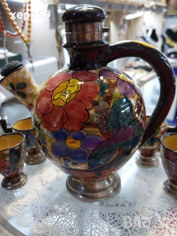 Много рядък авторски керамичен сет със сребърен обков/кана за ракия+ шест чаши,сребро проба 800, снимка 12 - Аксесоари за кухня - 52315971