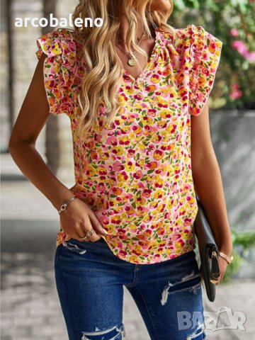 Дамско горнище с V-образно деколте и флорален темперамент, 4цвята, снимка 2 - Ризи - 44119677