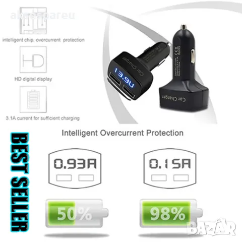 Ново 4 в 1 Двойно зарядно за кола Dual USB DC 5V 3.1A Универсален адаптер с тестер за измерване на н, снимка 8 - Аксесоари и консумативи - 47619324