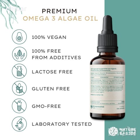 Nature Basics® Масло от водорасли Omega3 витамин D3 - капки с цитрусов вкус - 100 мл, снимка 5 - Хранителни добавки - 43940817